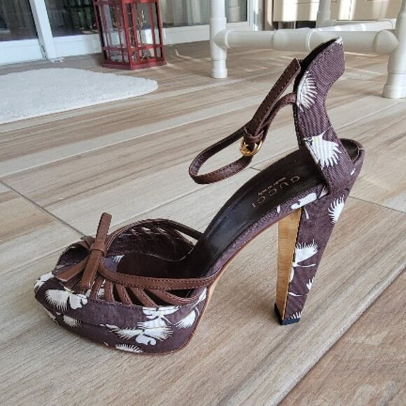 Gucci Floral Print Brown Platform Shoes Eur. 34C - Picture 1 of 16